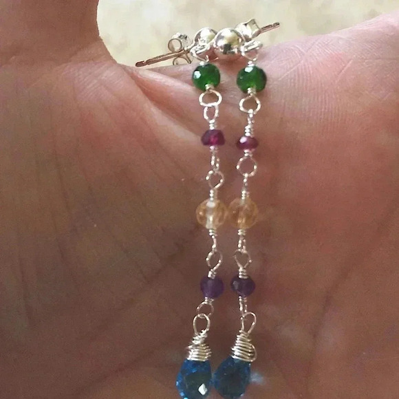 Colorful Earring,Topaz,Citrine,Garnet,Amethyst,Green Apatite,Long Linear Earring - Picture 6 of 6